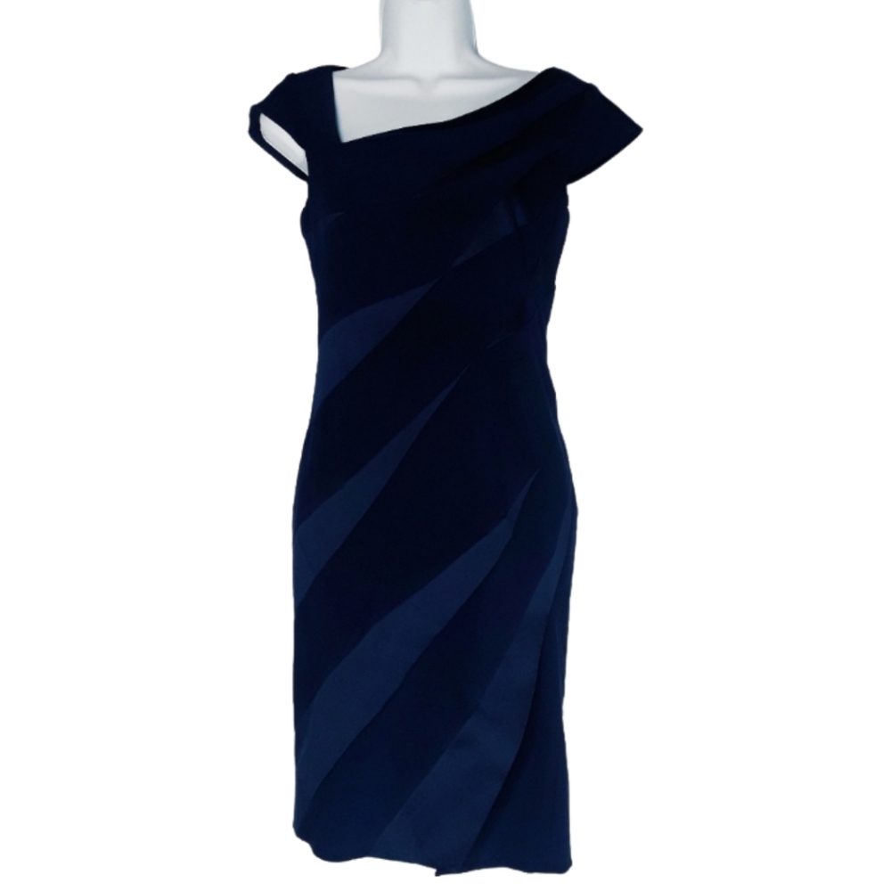 ADRIANNA PAPELL Navy Blue Asymmetrical Cocktail Dress 6 (Small)